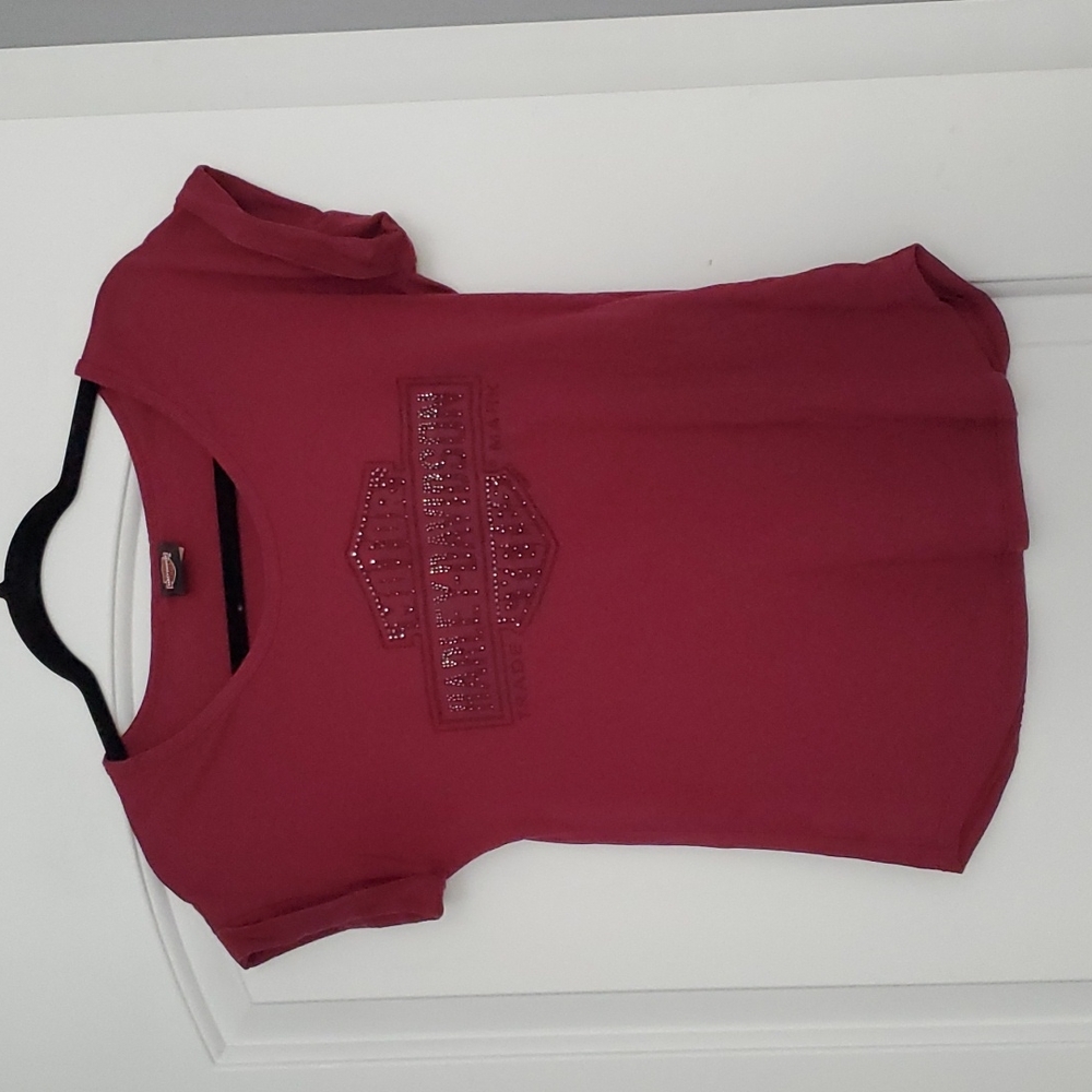 Harley Davidson maroon rhinestone embellished tshirt